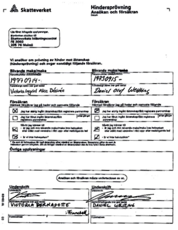 Las amonestaciones de Victoria de Suecia Documento oficial que han tenido que rellenar y firmar de su puño y letra (foto: fotocopia) PULSAR PARA AMPLIAR