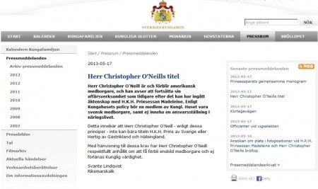 Comunicado de la Casa Real sueca donde se informa que Christopher O'Neill no será príncipe y ni duque tras la boda con la princesa Magdalena. (Foto: Captura web) - Pulsar para ampliar -