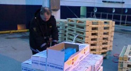 Un policía noruego controla el contenido de las cajas de pescado descargadas del F/V Monte Meixueiro el 23 de Noviembre en el puerto de Troms (Foto: TV noruega)