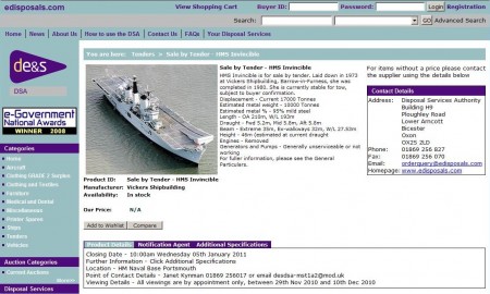 Captura de pantalla de la página edisposals.com donde se anuncia la venta del «HMS Invencible». (Foto: captura de pantalla) - PULSAR PARA AMPLIAR -