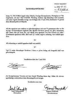 Copia del documento de la separación de bienes de Victoria y Daniel de Suecia. (Foto: Fax, juzgado de Solna) - PULSAR PARA AMPLIAR -