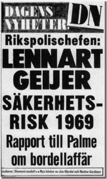 La portada del Dagens Nyheter del 18 de noviembre de 1977 que destapaba el escándalo de la existencia del burdel de los ministros de Palme. (Foto: archivo)