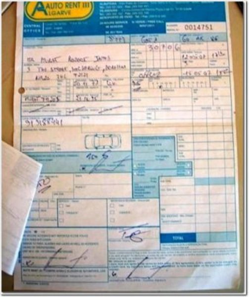 Copia del contrato de alquiler de un coche realizado por Robert Murat en los días de la desaparición (Foto This is London) 