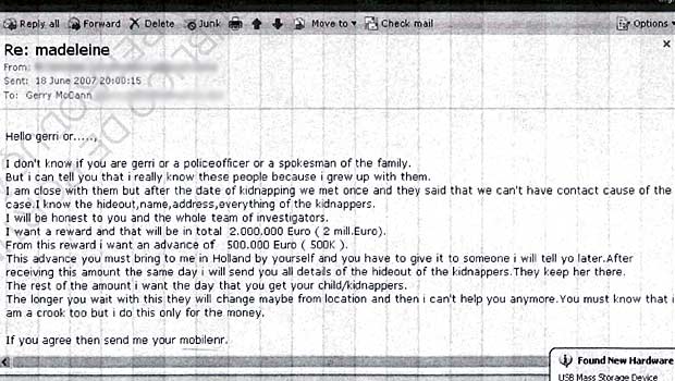 Correo electrónico enviado a Gerry McCann pidiendo 2 millones de Euros por información sobre los secuestradores y paradero de la niña (Foto: Policía de Portugal)