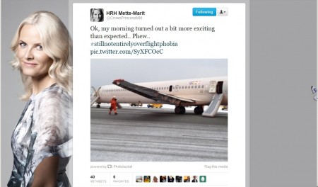 La princesa Mette-Marit envío un tuit tras el incidente con la foto del avión siniestrado. (Foto: captura de Twitter)