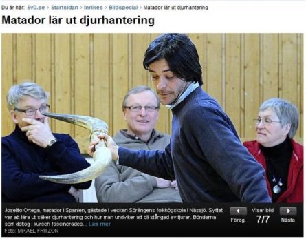 El torero Joselito Ortega enseña en Suecia como evitar las cornadas (Foto: Captura página diario sueco SVD) PULSAR PARA AMPLIAR